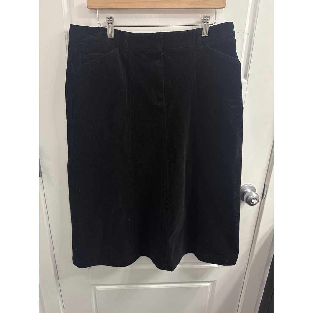 LL Bean Womens Black Corduroy Midi Skirt A-Line Stretch Size 16 Reg 0FGL8